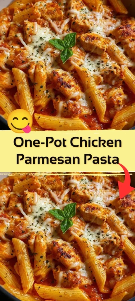One-Pot Chicken Parmesan Pasta with creamy sauce and cheese