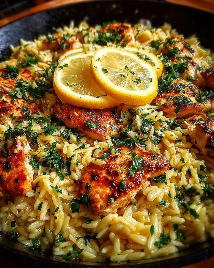 One-Pot Garlic Butter Lemon Chicken Orzo served with fresh herbs in a skillet