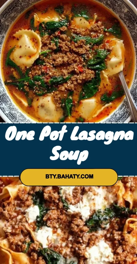 Bowl of One Pot Lasagna Soup garnished with fresh basil and cheese