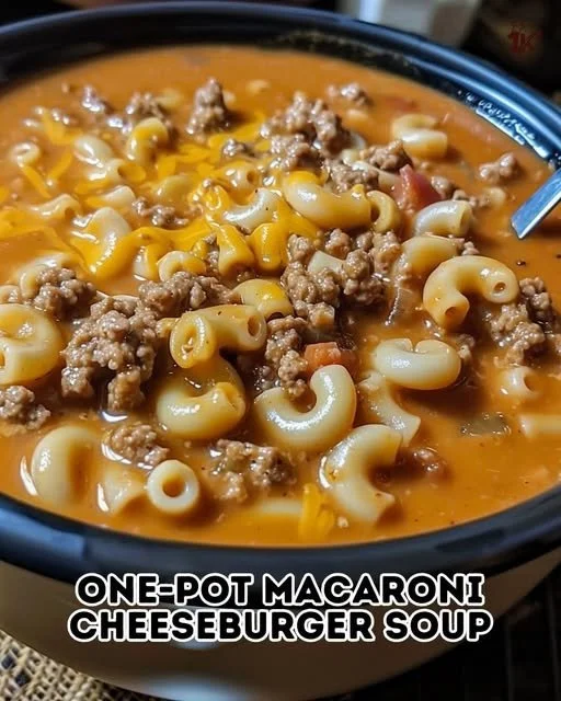 Delicious one-pot macaroni cheeseburger soup topped with melted cheese.