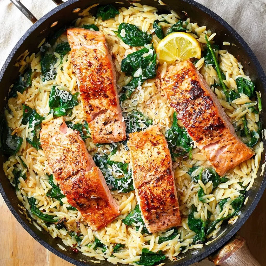 One Skillet Salmon Lemon Orzo dish garnished with lemon slices and herbs
