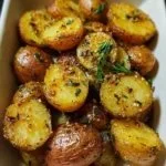 Crispy oven roasted potatoes served in a bowl with herbs