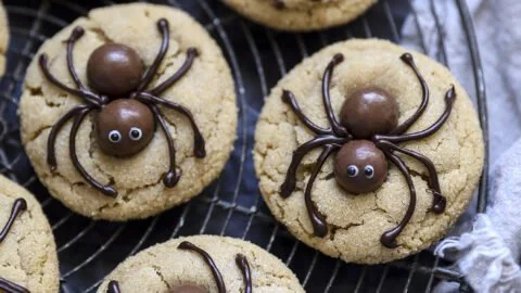 Peanut Butter Spider Cookies decorated with chocolate and candy