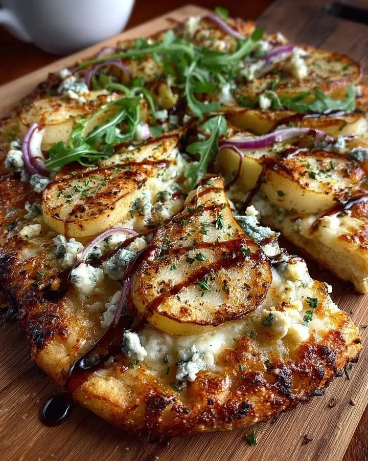 Delicious Pear and Gorgonzola Flatbread topped with fresh arugula and walnuts.