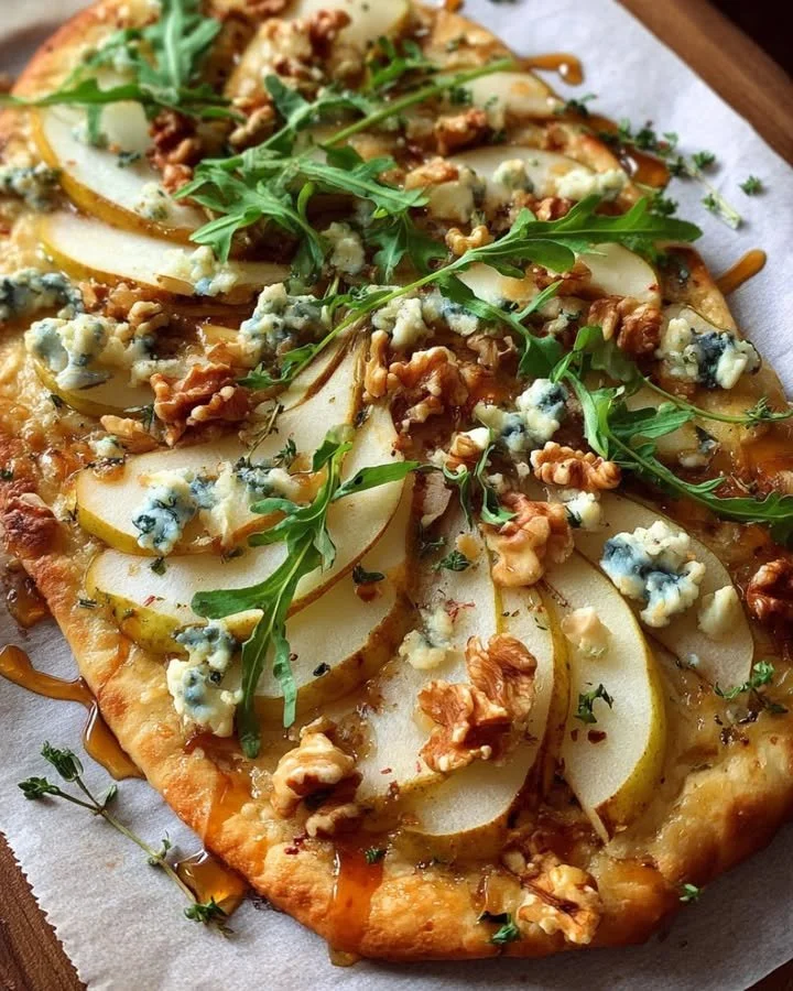 Delicious pear blue cheese flatbread drizzled with walnut and honey.