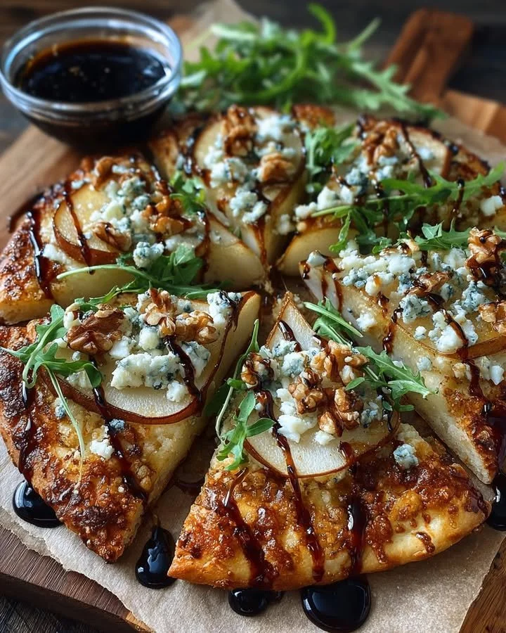 Pear, Gorgonzola, and Walnut Flatbread drizzled with Balsamic Glaze
