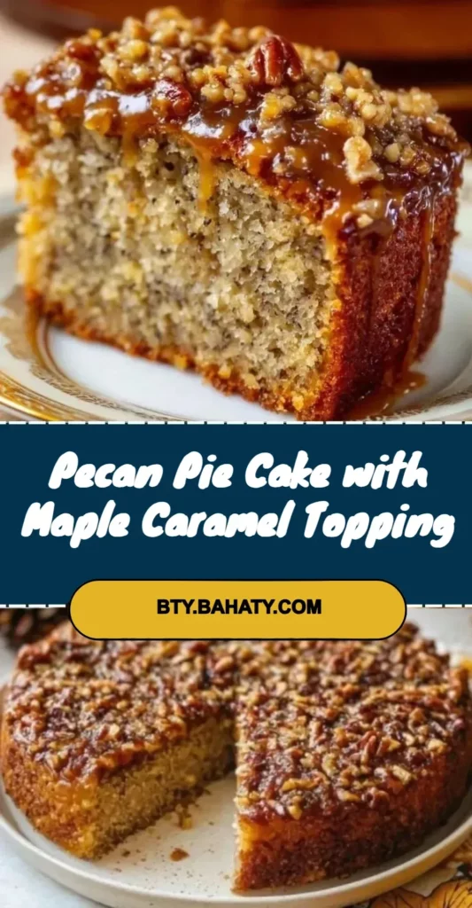 Delicious Pecan Pie Cake topped with Maple Caramel drizzle