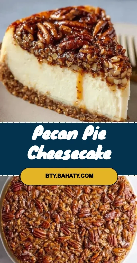Delicious pecan pie cheesecake with a golden crust and topped with pecans