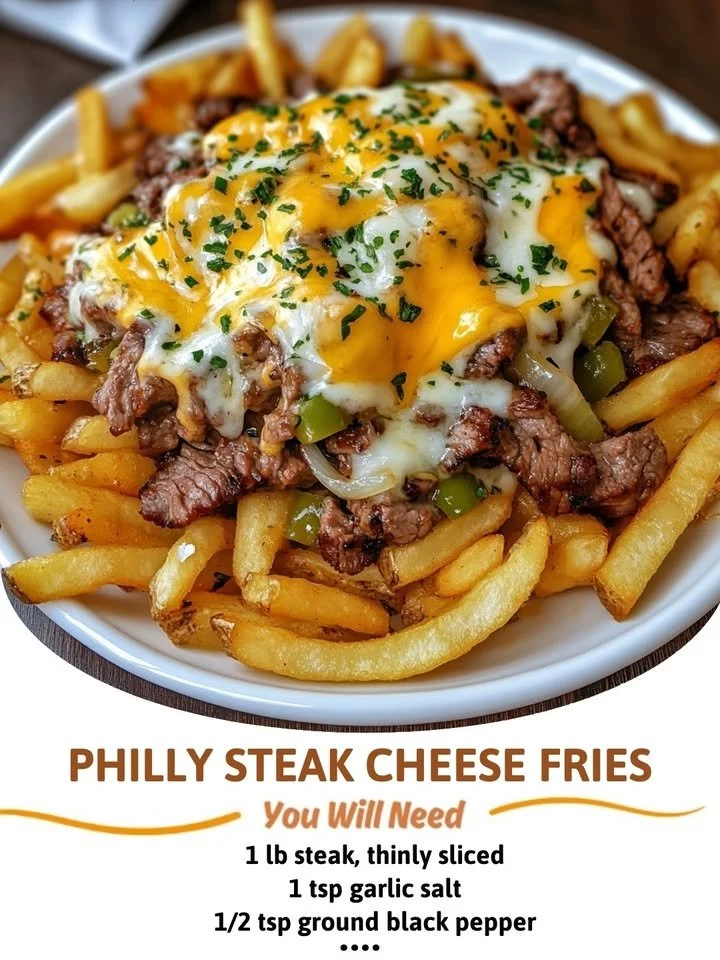 Plate of Philly Steak Cheese Fries topped with melted cheese and juicy steak