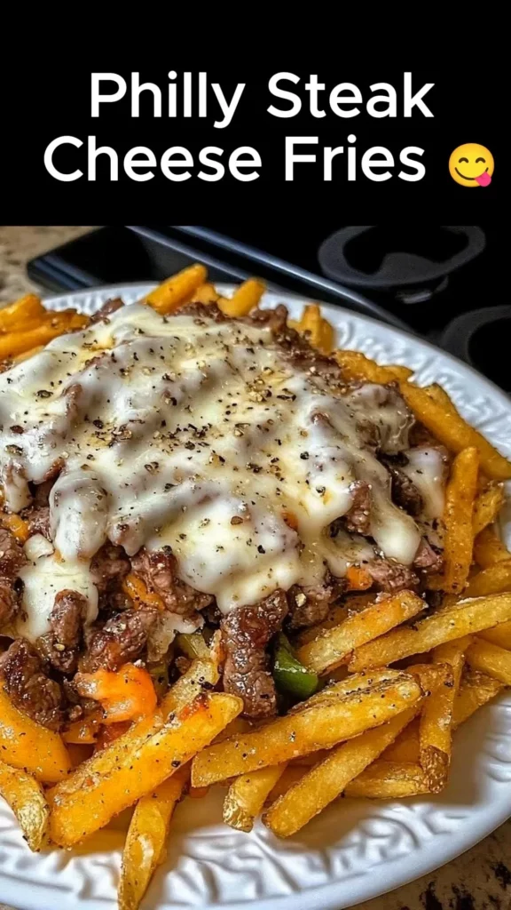 Delicious Philly Steak Cheese Fries topped with melted cheese and grilled steak