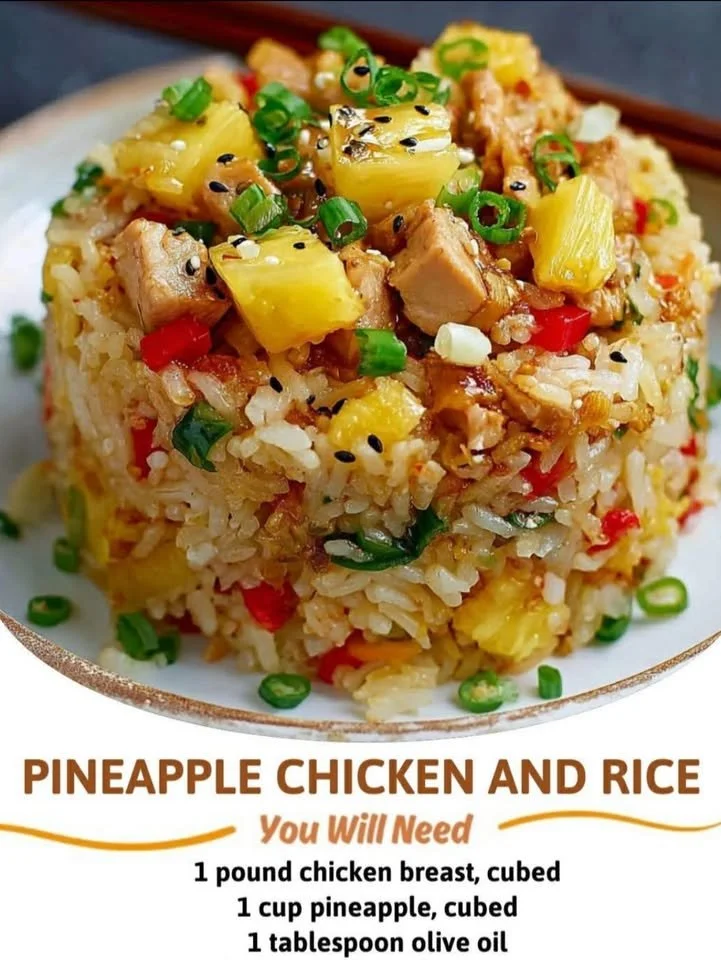 Delicious pineapple chicken served over rice with fresh vegetables