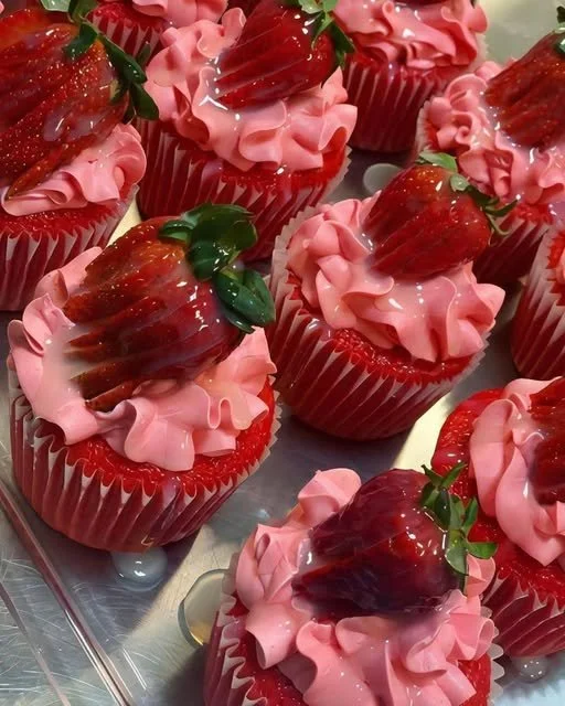 Delicious red cupcake with pink buttercream frosting