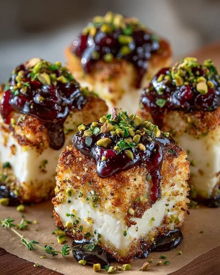 Pistachio-Crusted Brie Bites with Cranberry Honey Glaze on a serving platter