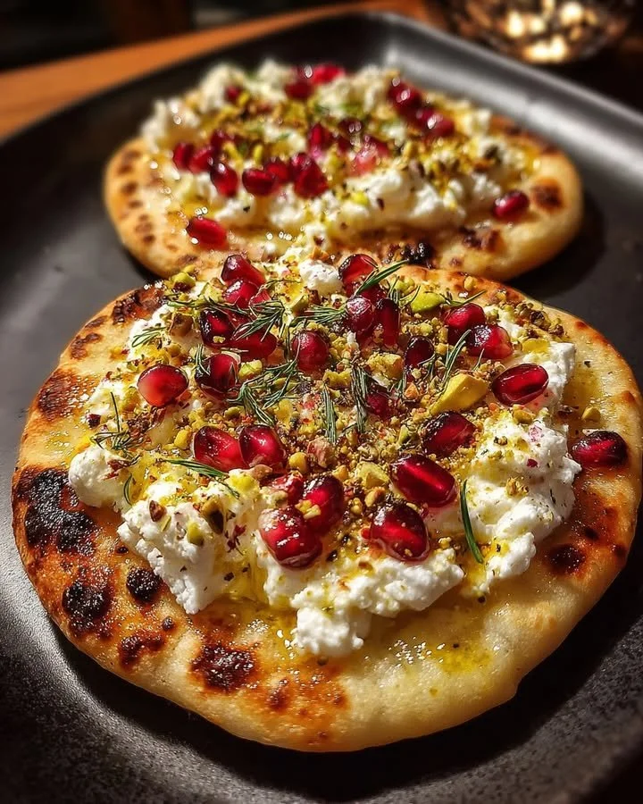 Pomegranate and pistachio holiday flatbread with rosemary honey drizzle on top