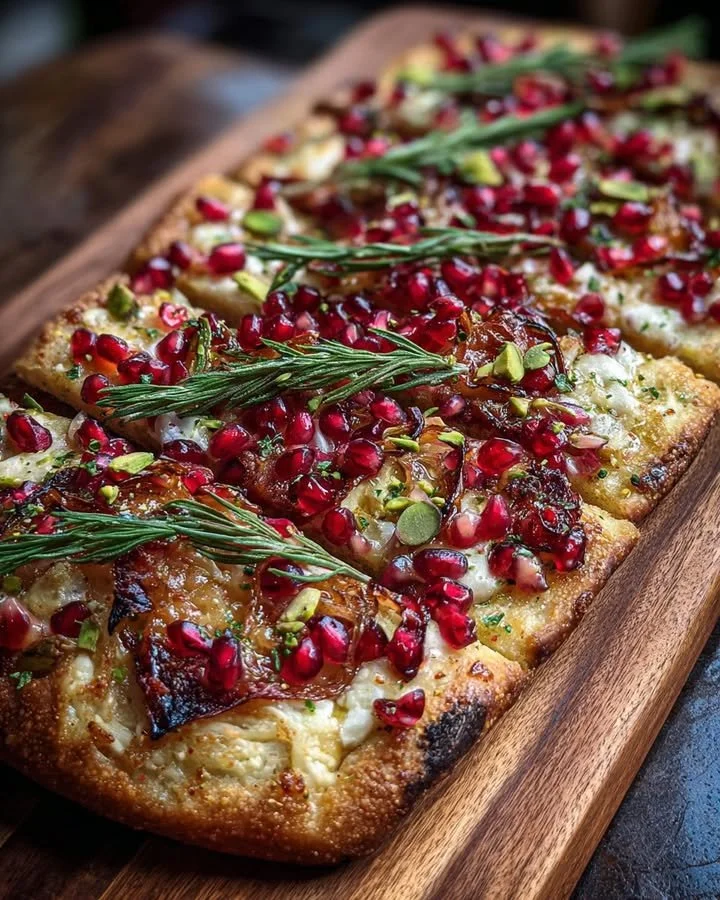 Pomegranate and pistachio holiday flatbread with rosemary honey drizzle