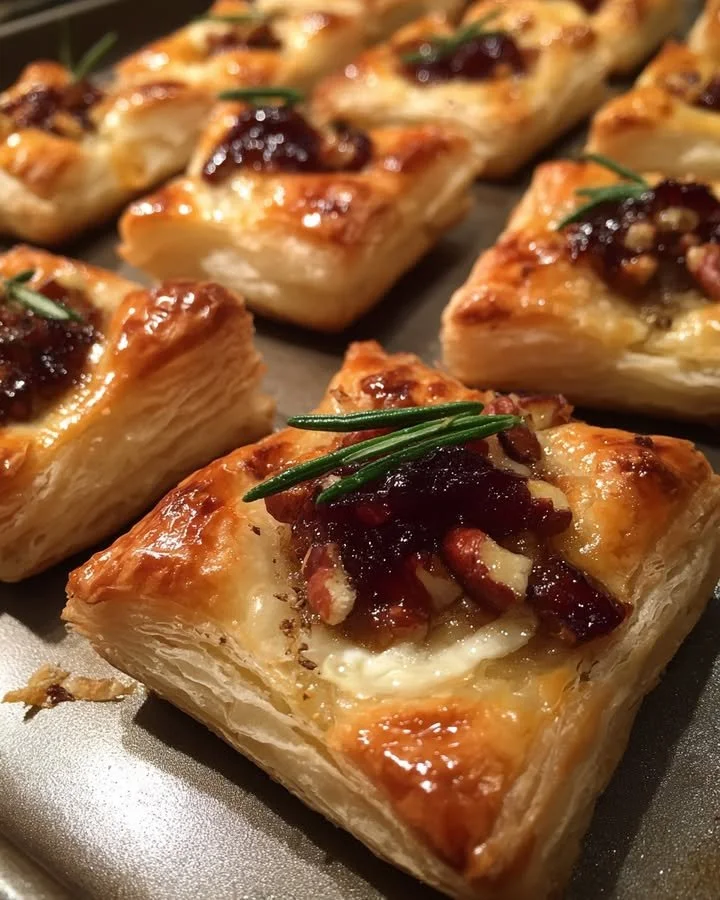 Puff Pastry Brie Bites served on a platter, garnished with herbs