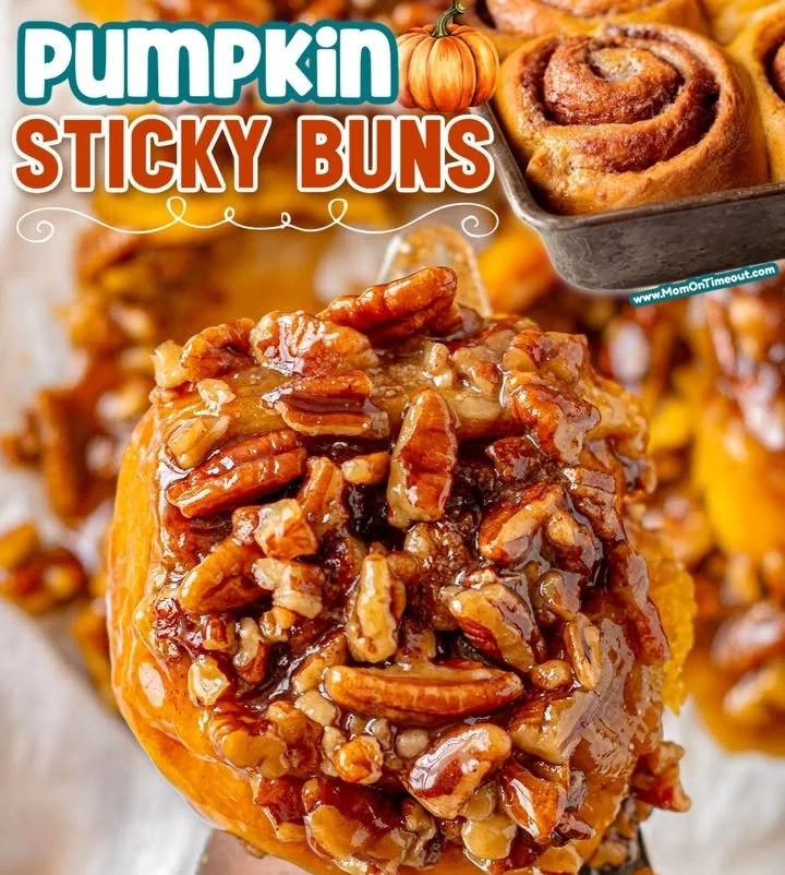Freshly baked Pumpkin Sticky Buns topped with caramel glaze and pecans