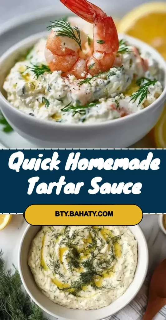 Quick homemade tartar sauce served in a bowl with herbs and lemon slices.