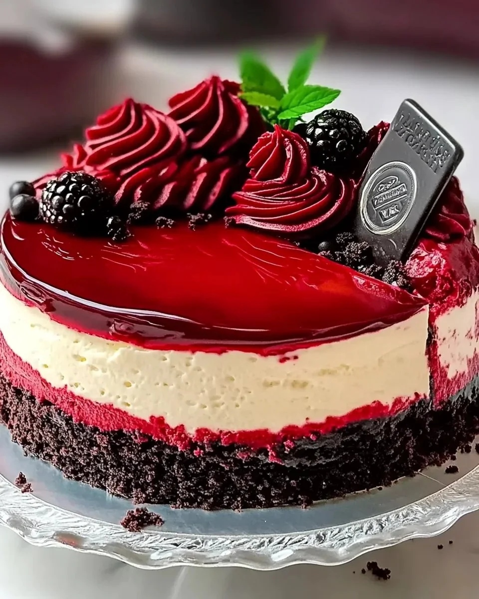 Slice of rich Red Velvet Cheesecake topped with cream cheese frosting.