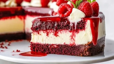 Delicious slice of Red Velvet Cheesecake with creamy topping and red velvet layers