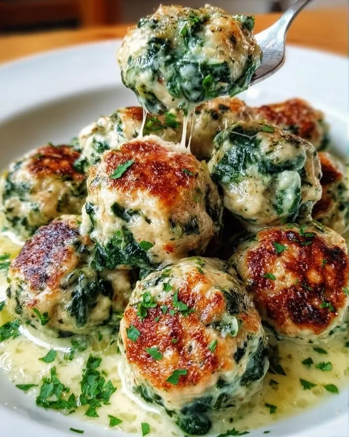 Ricotta spinach meatballs in garlic parmesan cream sauce, served on a plate.