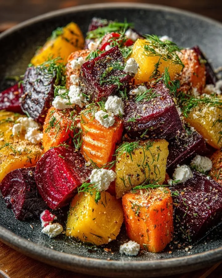 Roasted beet and carrot salad with feta cheese and yogurt dressing