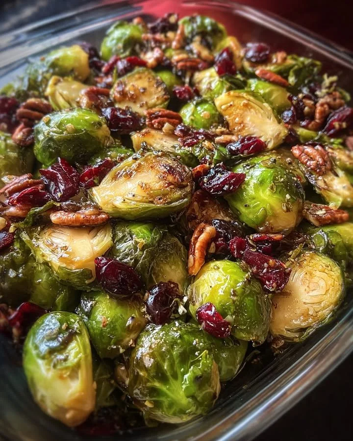 Roasted Brussels sprout salad topped with Rosemary Cider Vinaigrette