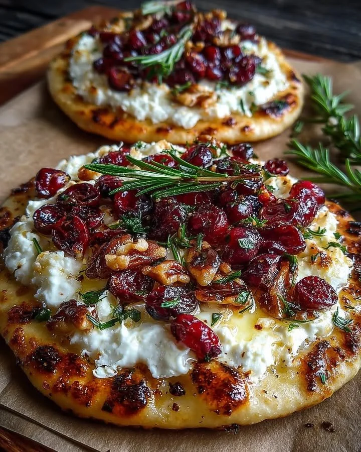 Roasted cranberry cinnamon goat cheese flatbread garnished with fresh herbs