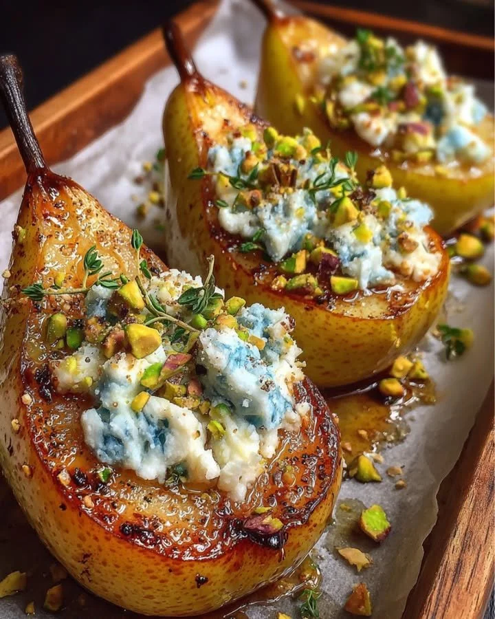 Roasted pears topped with blue cheese and pistachios on a wooden platter.