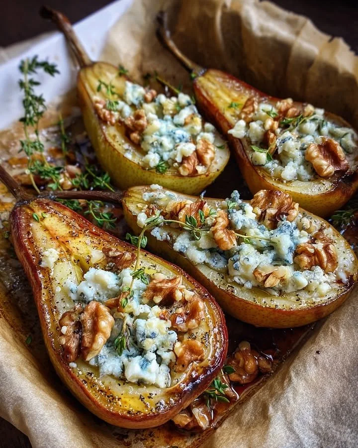 Roasted pears topped with blue cheese and walnuts, served on a plate.
