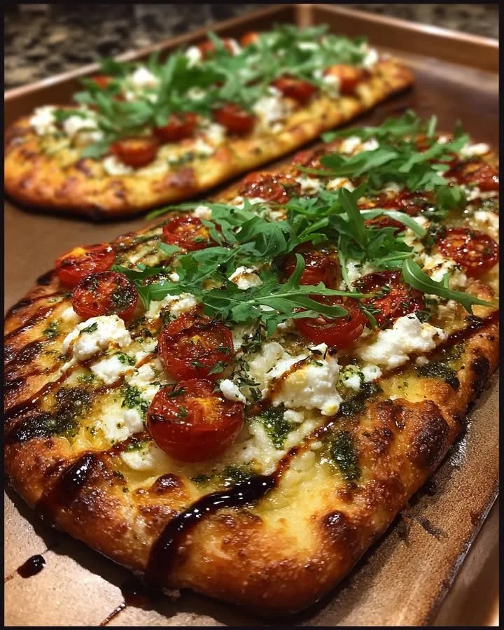 Roasted Tomato & Goat Cheese Flatbread with Pesto & Arugula served on a wooden board.