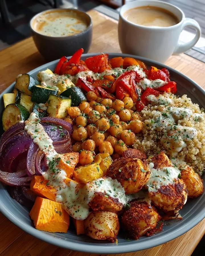 Healthy roasted veggie and chickpea bowl with maple Dijon tahini dressing