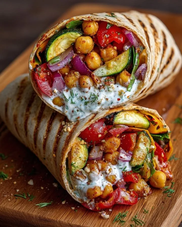 Roasted veggie and chickpea wrap with creamy feta-yogurt dressing on a plate