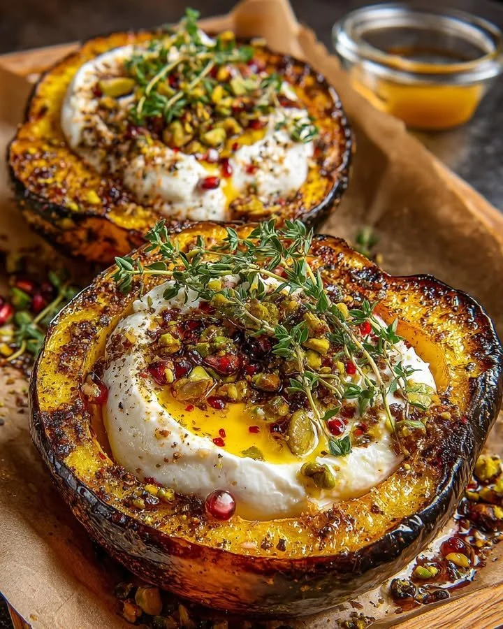 Savory acorn squash dish with whipped burrata and chili-honey pistachios.
