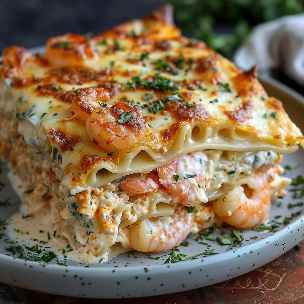 Delicious Seafood Lasagna topped with shrimp and crab, perfect for seafood lovers.