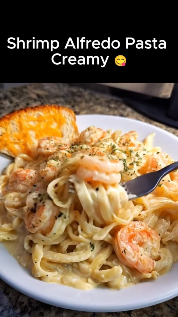 Delicious Shrimp Alfredo Pasta garnished with parsley and grated cheese