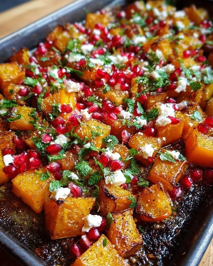 Spiced pumpkin topped with feta and drizzled with pomegranate-citrus sauce