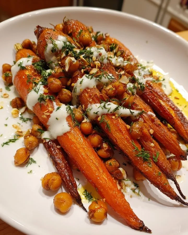 Spicy maple roast carrots served with crispy chickpeas and yogurt sauce