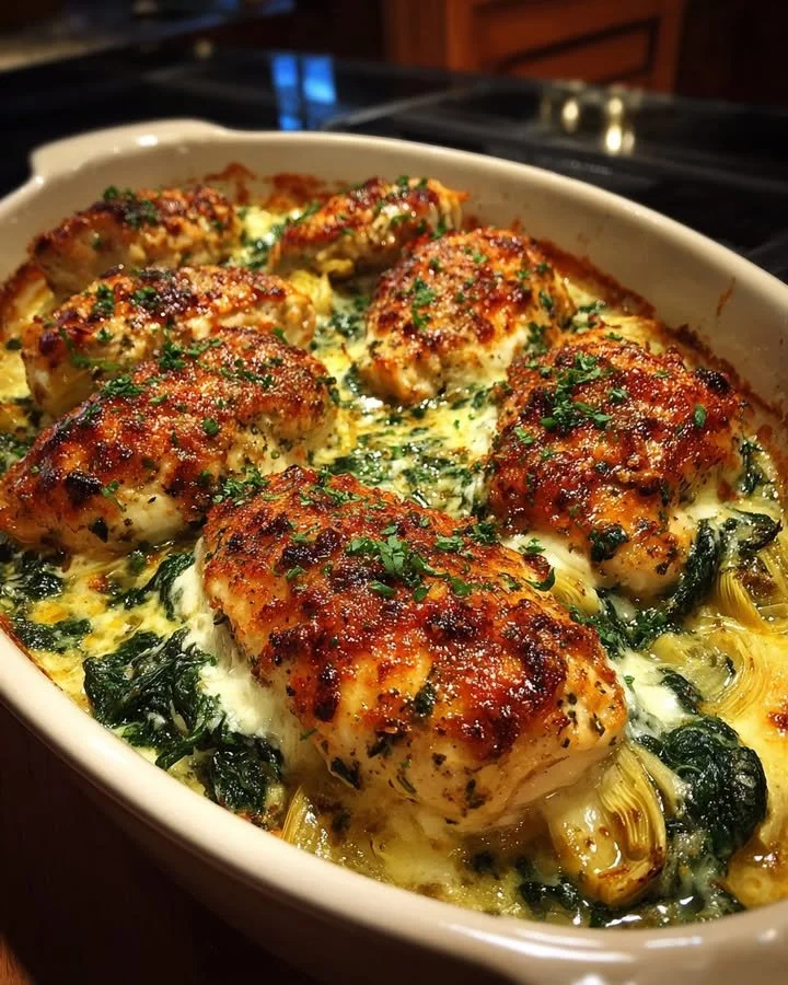 Delicious Spinach Artichoke Chicken Bake topped with cheese and herbs.