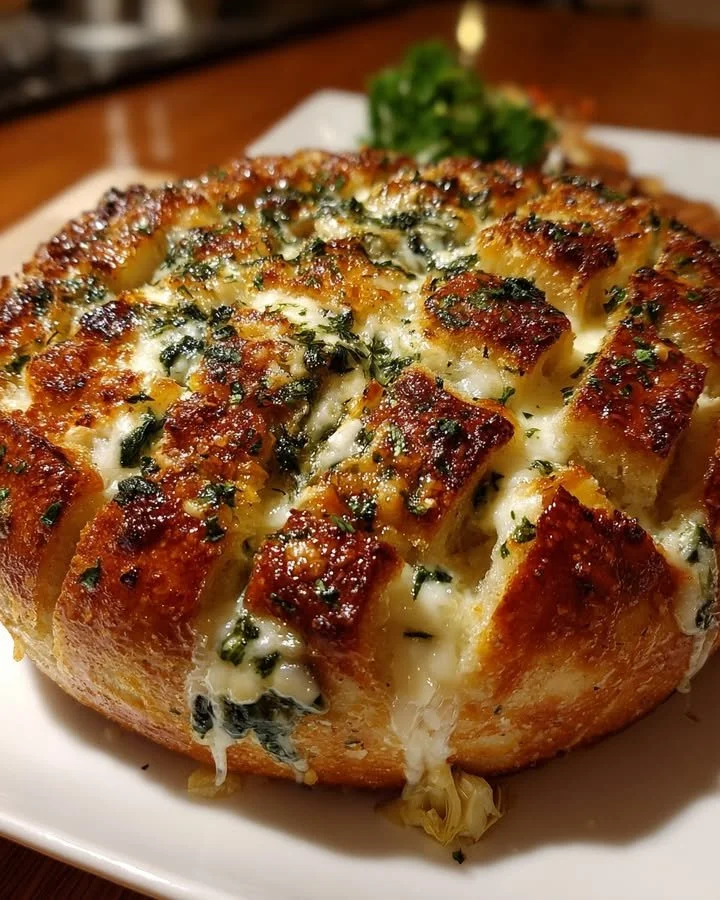 Delicious spinach artichoke dip served in pull-apart bread
