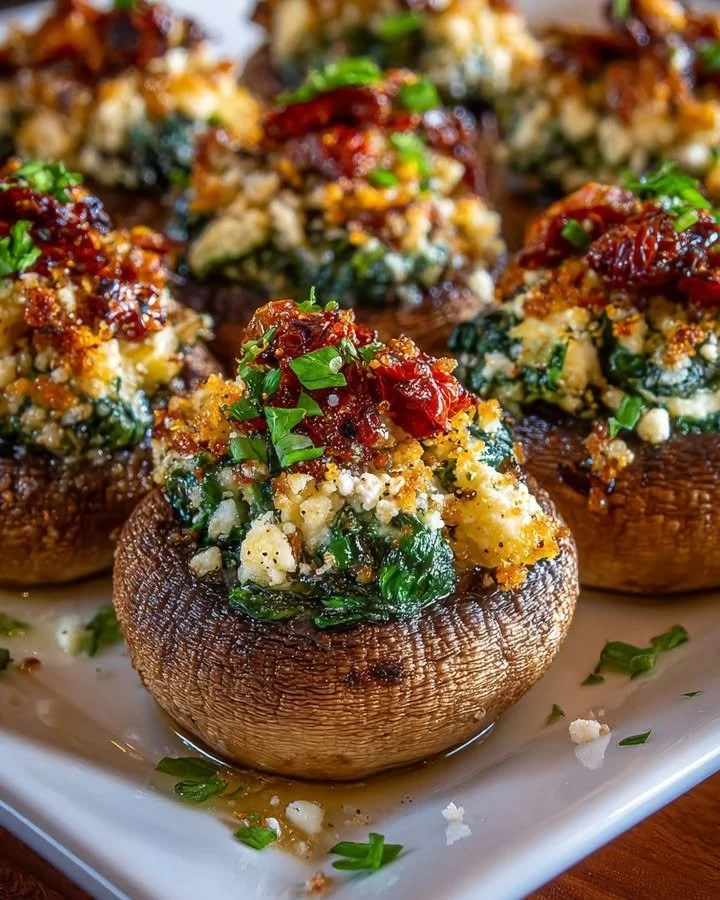 Spinach, feta, and sun-dried tomato stuffed mushrooms on a plate