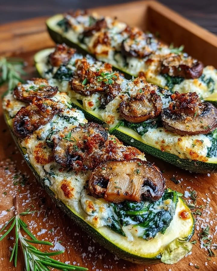Spinach, mushroom, and ricotta stuffed zucchini boats garnished with herbs