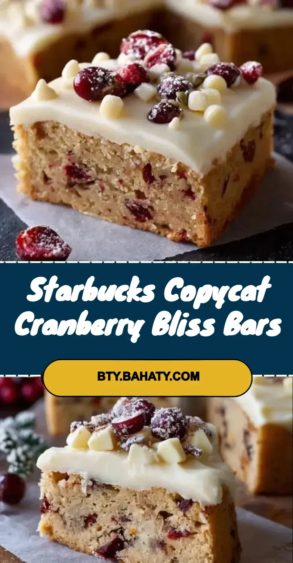 Delicious homemade Starbucks copycat Cranberry Bliss Bars with cream cheese frosting.
