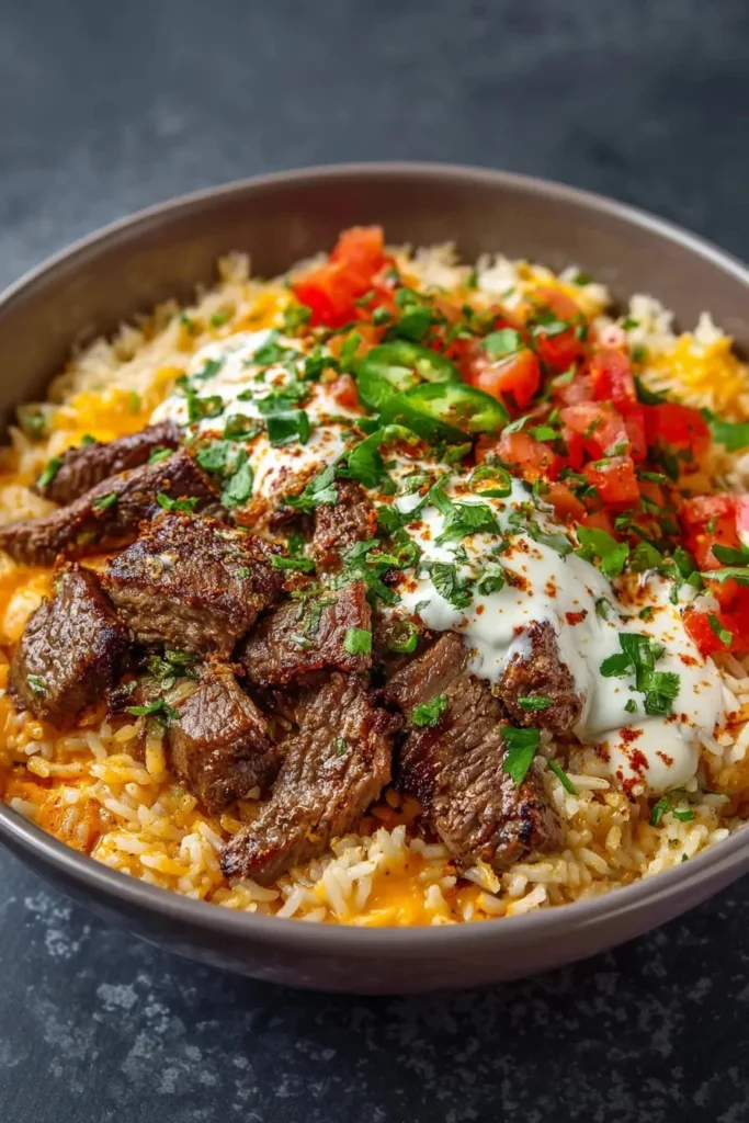 Delicious Steak Queso Rice Dish with Creamy Queso and Juicy Steak.
