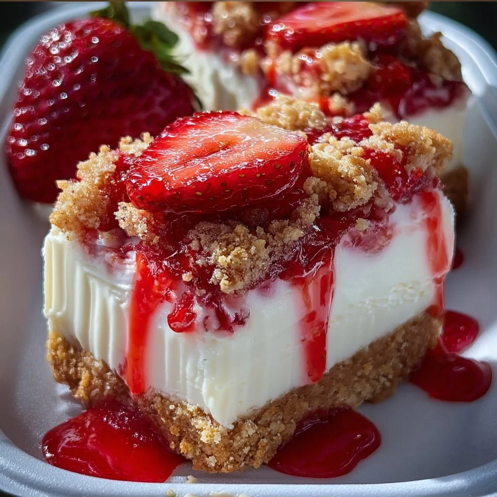 Strawberry cheesecake chunks topped with a crunchy layer