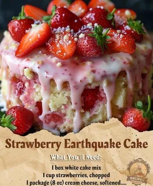 Delicious Strawberry Earthquake Cake topped with strawberries and cream