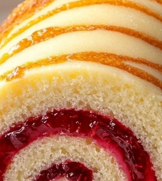 Slice of Strawberry Jelly Roll Cake with fresh strawberries and whipped cream