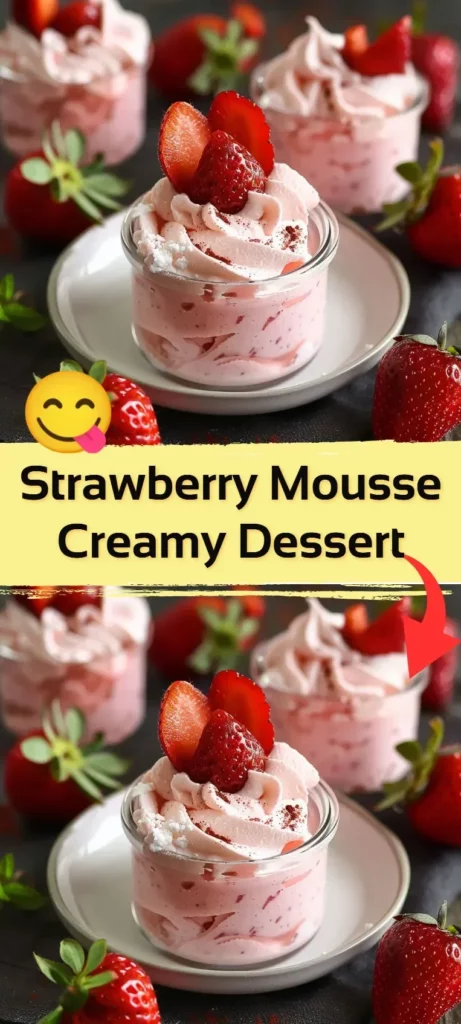 Delicious creamy strawberry mousse dessert in a glass topped with fresh strawberries