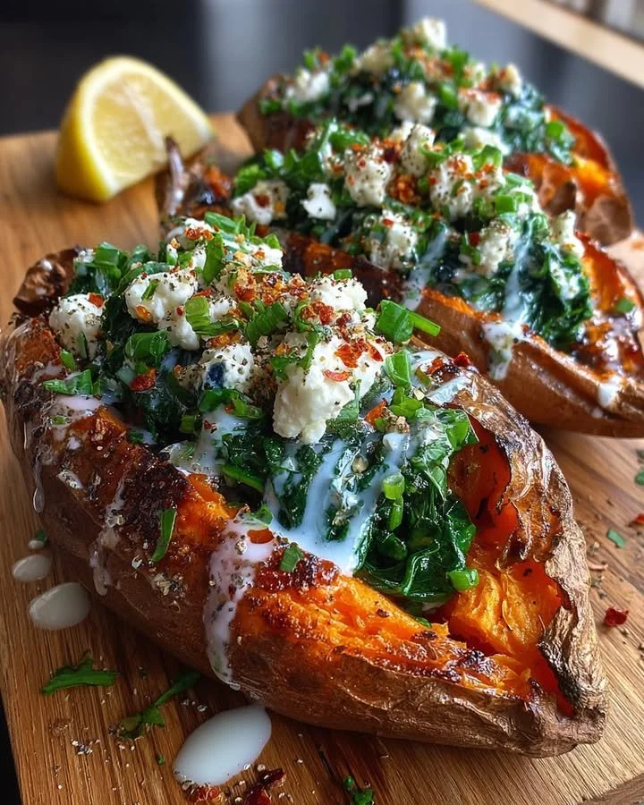 Stuffed sweet potatoes with spinach, feta, and lemon-herb drizzle on a plate.