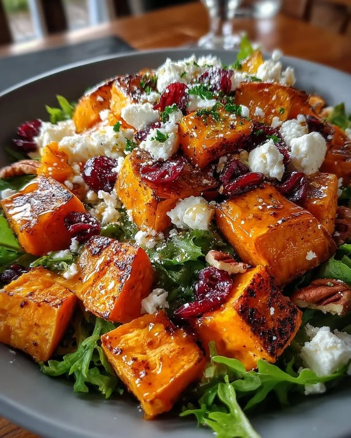 Sweet Potato Salad with Cranberries and Feta Drizzled with Maple Dressing